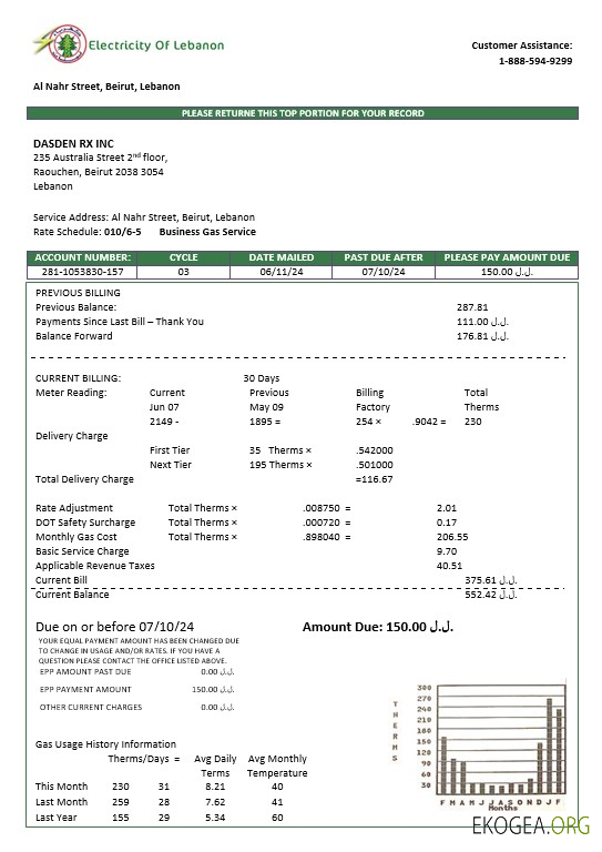 Modèle de facture de services publics de l'électricité du Liban aux formats Word et PDF